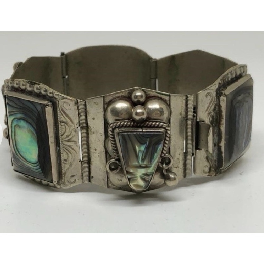 Vintage Taxco Mexico Abalone Shell Sterling Silver Panel Wide Bracelet 7" 57g